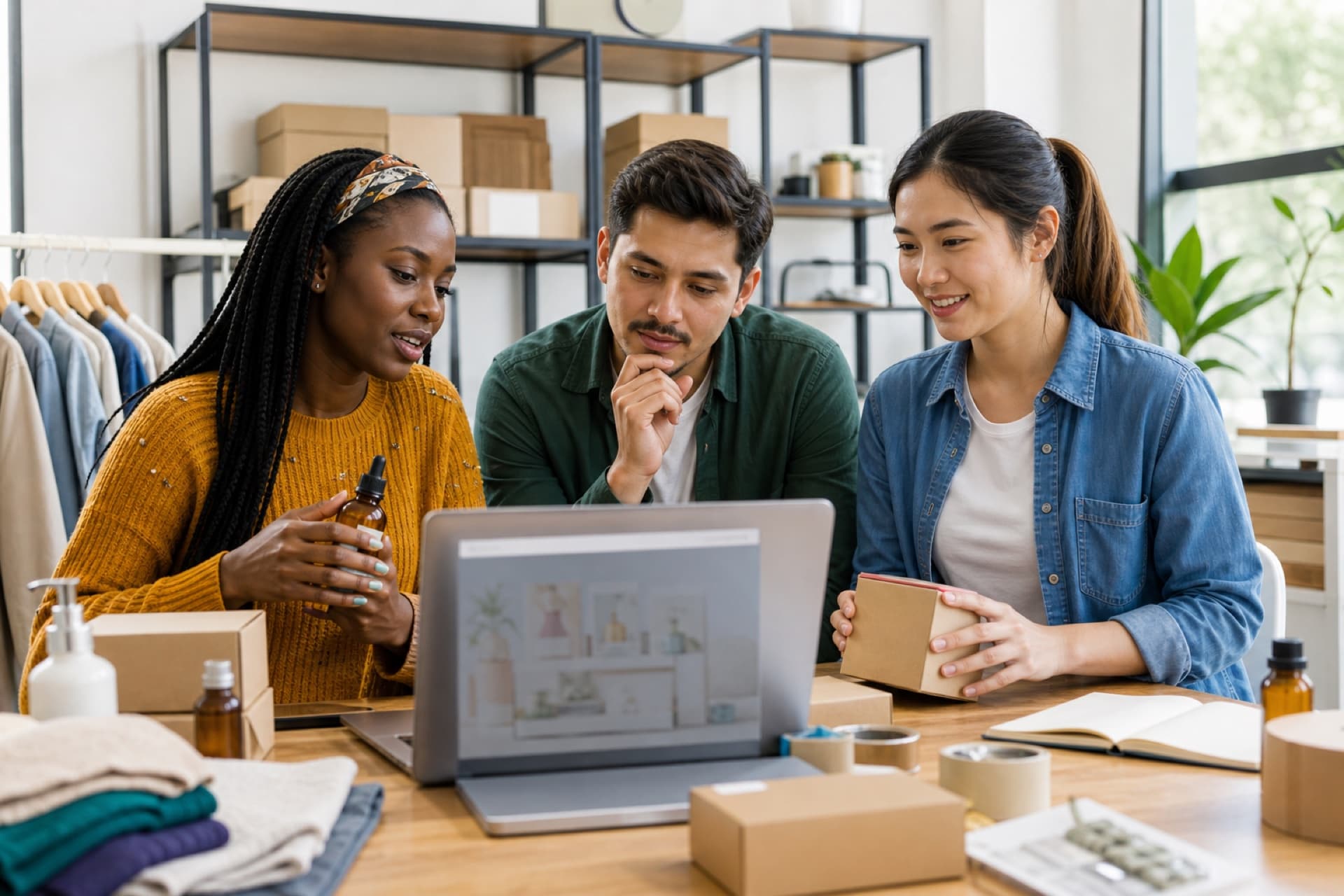 Diverse e-commerce entrepreneurs in a modern commerce studio