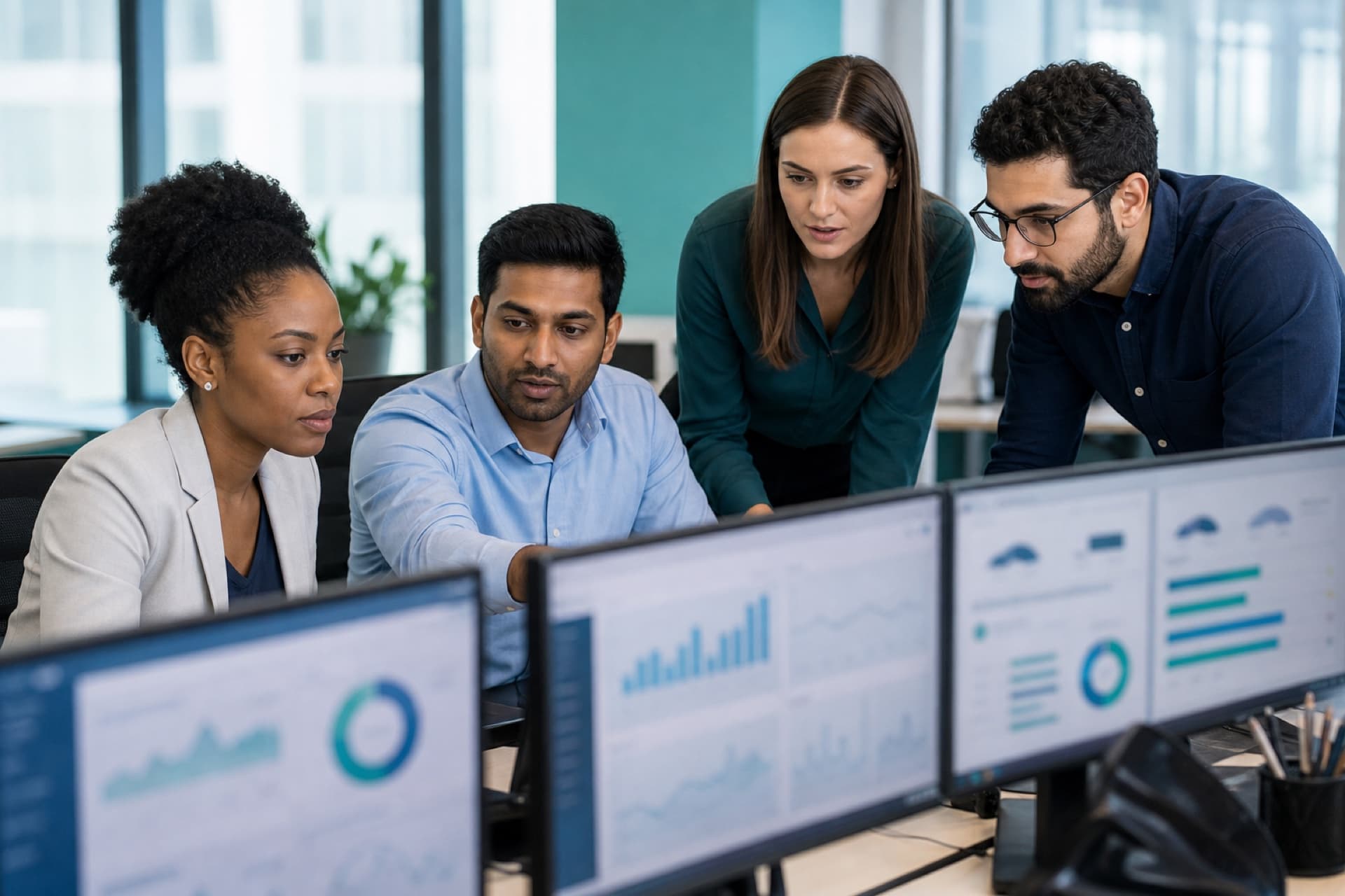 Diverse FinTech professionals reviewing payment dashboards
