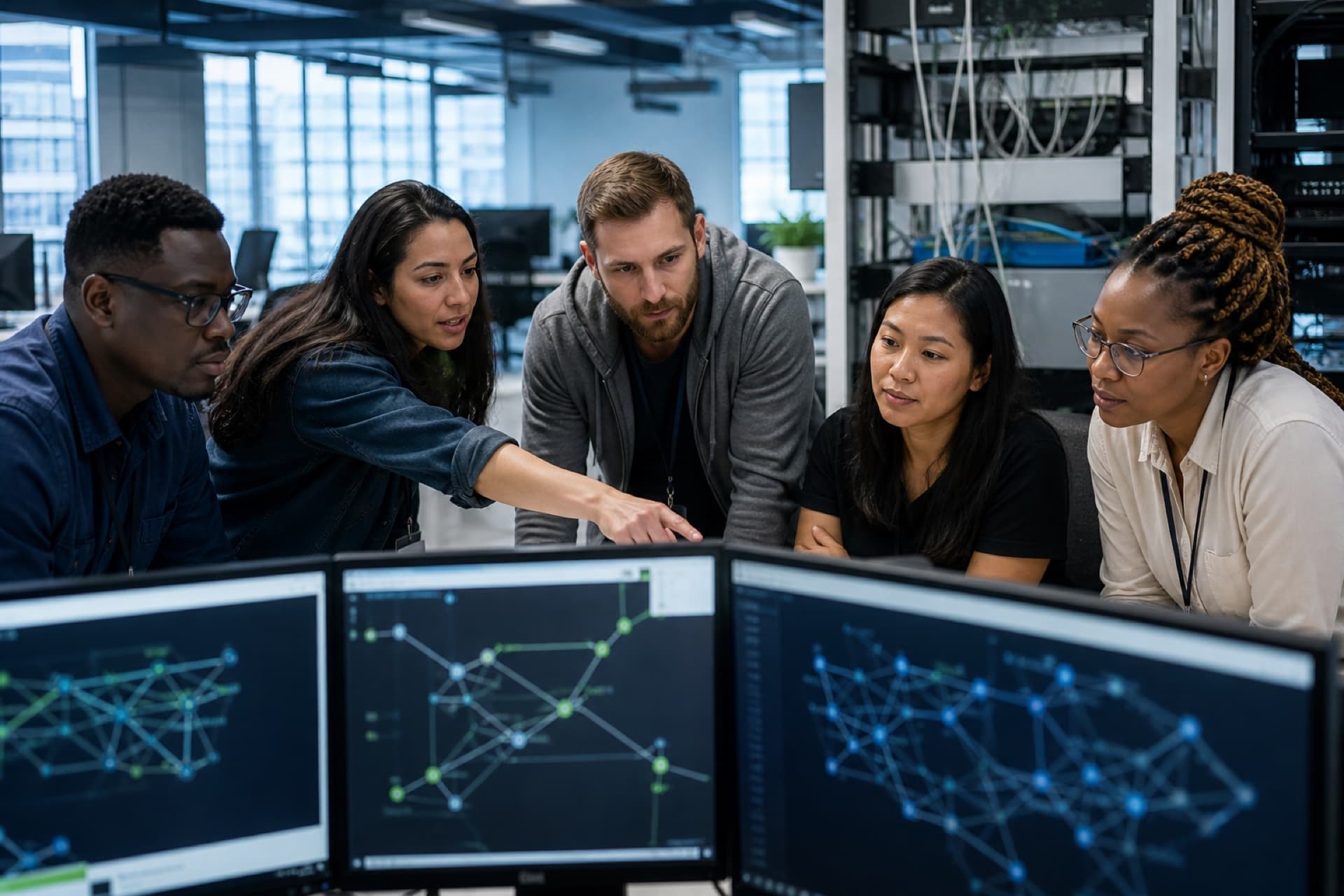 Diverse ICT professionals collaborating in a modern tech hub