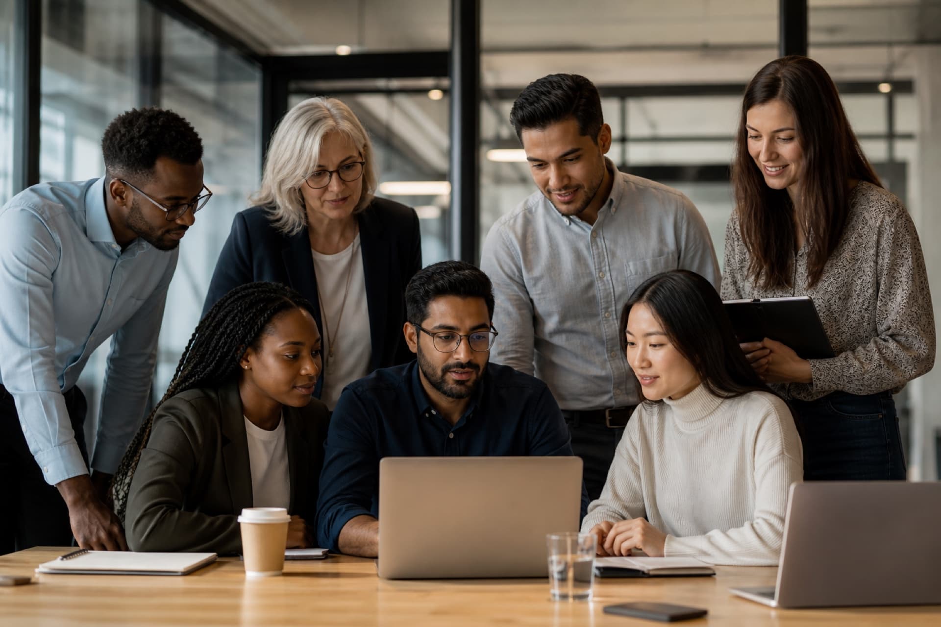Diverse technology professionals collaborating in a modern glass workspace